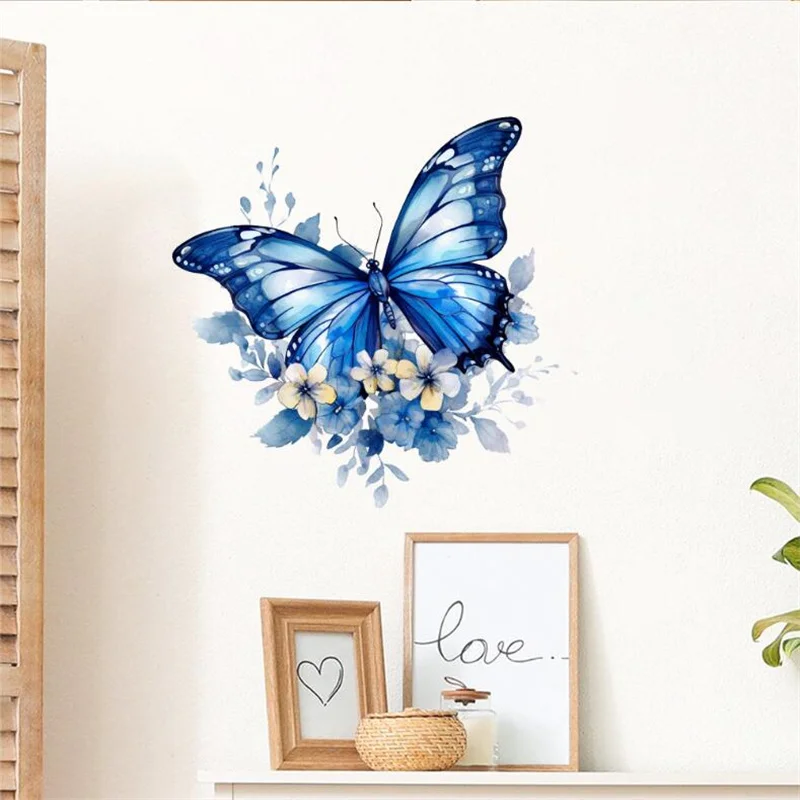 Blue Butterfly Flower Wall Stickers 29x30CM PVC Self-Adhesive Mural Decals for Bedroom Living Room Decor