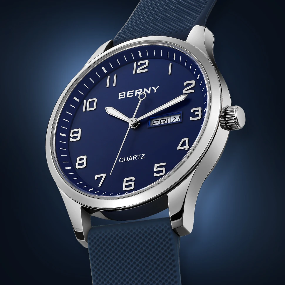BERNY Uhren für Herren, Quarz, lässig, Sport, Herrenuhren, weiches Silikonarmband, großes Zifferblatt, Kalenderwoche, leicht ablesbare Armbanduhr – Detail 2