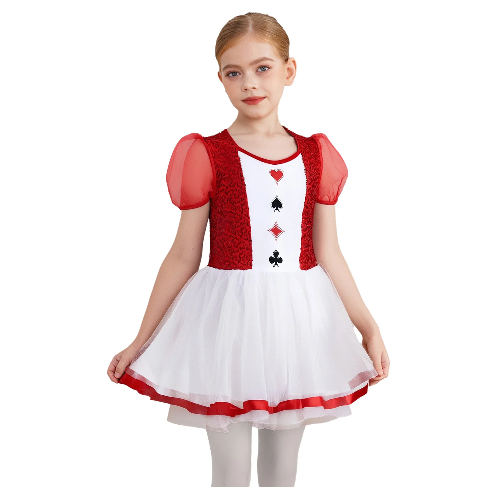 Kids Girls Queen Clown Costume Ballet Tutu Dress Gymnastics Leotards Short Sleeve Print Tulle Dress for Halloween Fancy Dress Up