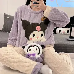 New Sanrio Sleppwear Kuromi Kawaii Pajamas Women Autumn Winter Cartoon Cute Warm Plush Thickened Home Suit Pants Sets Loungewear