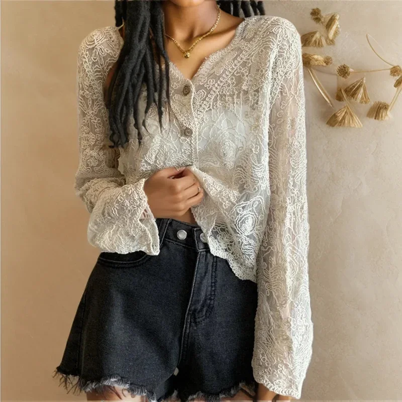 ITOOLIN Women Buttons Up Cardigan Top Flare Sleeve Tee V-Neck Ruffles Sweet Shirt Summer Lace Hollow Transparent T-shirts 2024