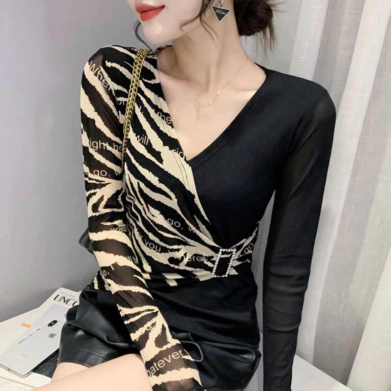 Sexy V-Ne Cross Long Sve T-Shirt Damen Me Top Faionable Leopardenmuster Base IRT Sli Slim Fit Herbst Winter