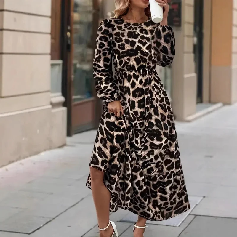 Explosive New Leopard Print Long and Elegant Style Long Sleeved Dress