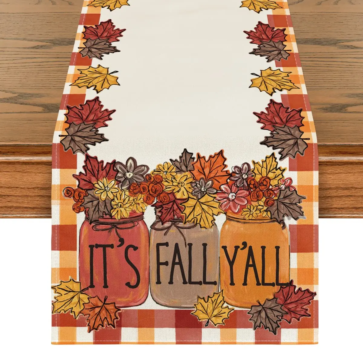 It's Fall Y'all Maple Leaves,Orange,Brown,Buffalo Plaid Table Runner,Seasonal Harvest,Vintage Kitchen Table Decor for Home Decor