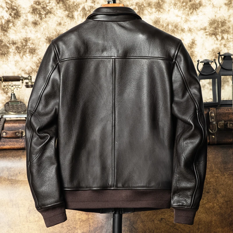 Dark Brown Autumn Pilot Leather Jacket Men Military Style Plus Size 5XL Natural Cowhide Slim Short Aviation Genuine Leather Coat