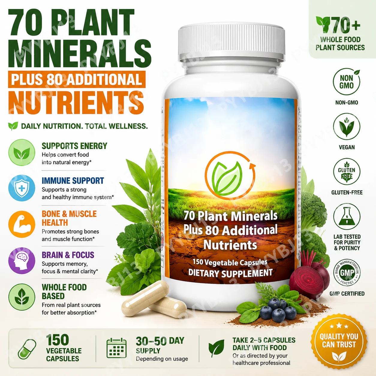 Plant-Sourced Trace Minerals Multivitamin Capsules, 70 Minerals, Fruits Herbs Amino Acids, Daily Nutrition, 150 Count