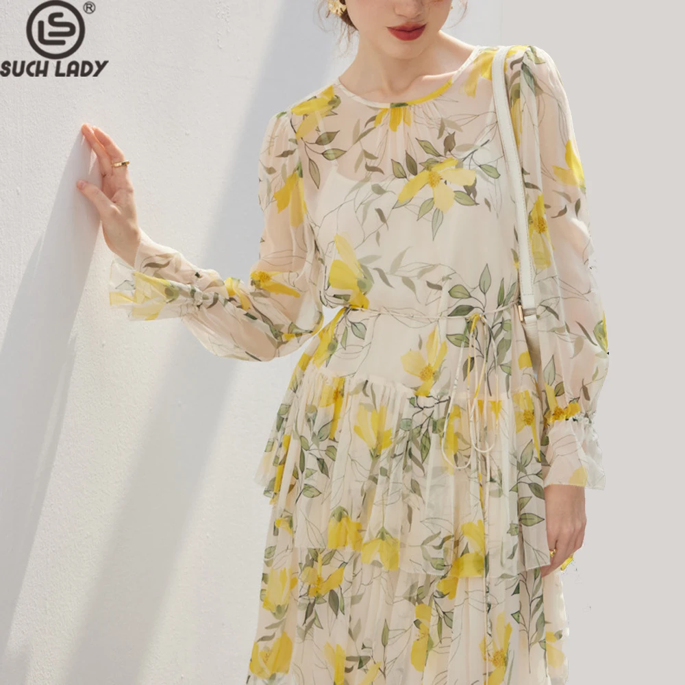 

100% Silk Women's Dresses O Neck Long Sleeves Printed Ruffles Fashion Casual Vestidos