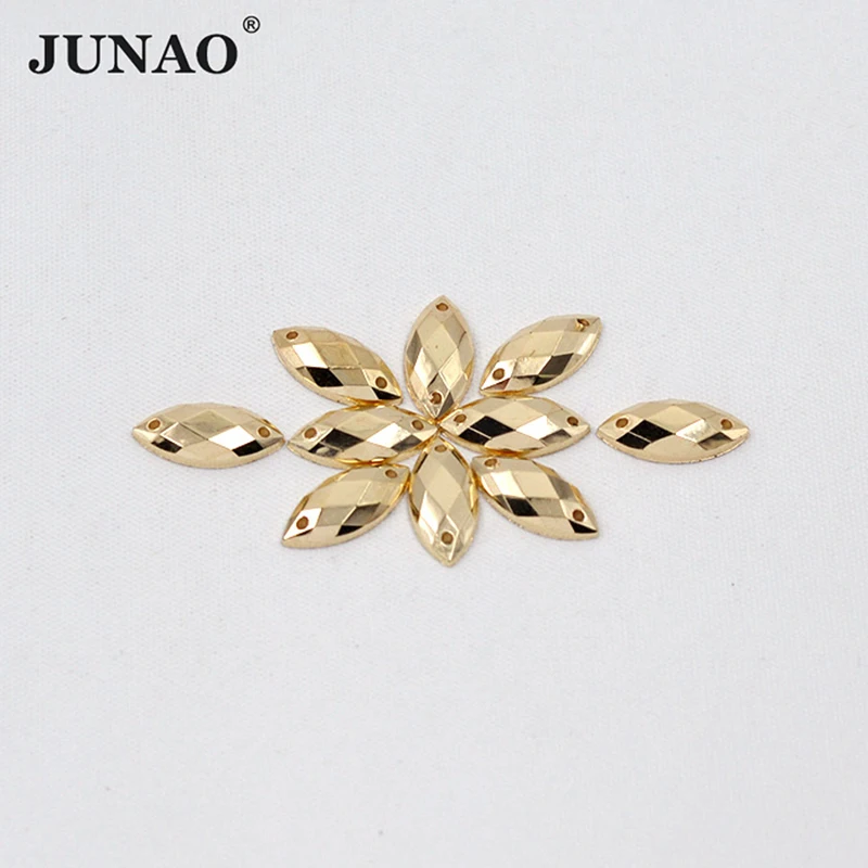 JUNAO 500pcs 7*15mm Sewing Gold Rhinestones Appliques Flat Back Acrylic Horse Eye Crystal Stone Sew On Strass for Clothes