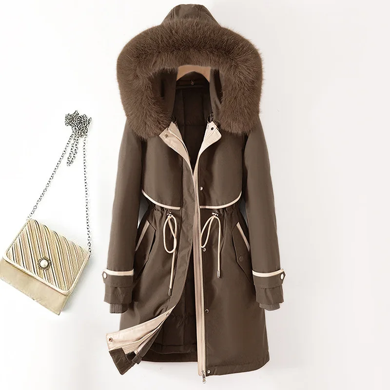 Women Mid Lenth Parkas Coat Hooded Overcoats Solid Zipper Drawstring Waist Detachable Loose Thick Office Lady Casual Winter 2025