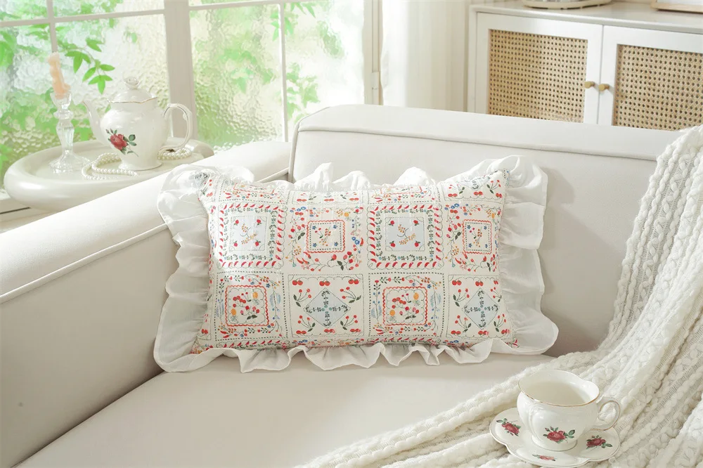 Französische Baumwoll-Kissenhülle, Rüschen-Design, bedruckt, Dekoration, Sofa-Kissenbezug, Kopfteil-Kissenbezüge, 30x50/45x45cm – Detail 21