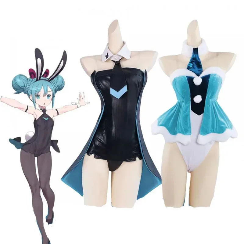 

qq023Miku Bunny Girl Sexy Cosplay Costume Wig Headdresses Uniform Dress Black White Rabbit For Women Halloween Lingerie Jumpsuit
