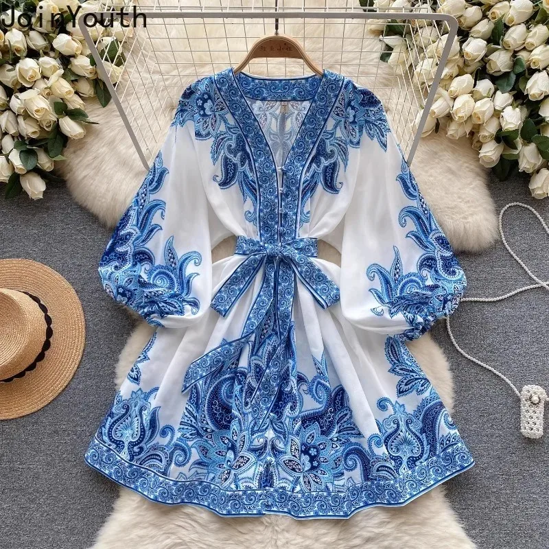 Elegant Robe Femme Floral Summer Dress for Women 2024 Vestidos De Mujer Bandage Tunic Lantern Sleeve Vintage Korean Dresses