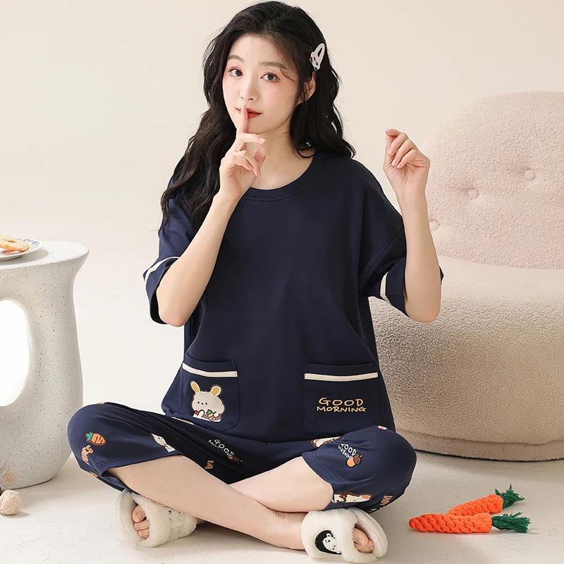 Women Clothes for Summer Pajamas Sets O-Neck Sleepwear Lovely Rabbit Pijamas Mujer Short Sleeve Cotton Sexy Pyjamas Female M-5XL