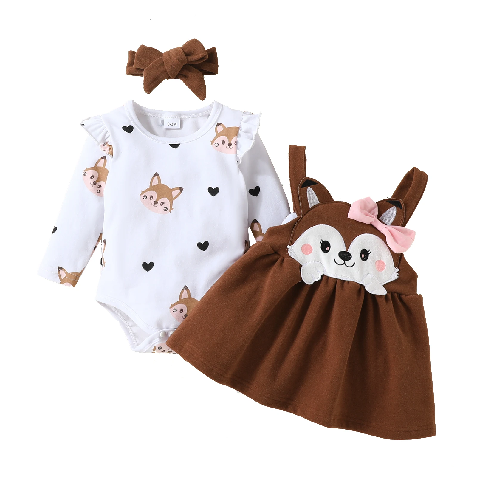 BeQeuewll Baby Girls Autumn New Style 3 Piece Outfits Long Sleeve Ruffle Romper and Cute Fox Print Suspender Skirt Headband Sets