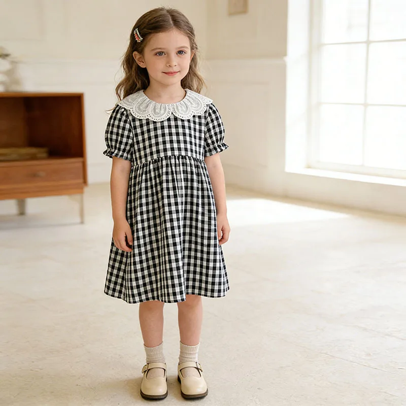 

Летнее милое клетчатое платье для девочек, повседневное платье принцессы с короткими рукавами и воротником-стойкой, мягкое дышащее платье для маленьких девочек