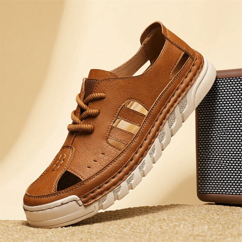 

Men's Summer Sandals Leather Mens Casual Shoes Waterproof Leather Sandals Sneakers Outdoor Beach Shoes Roman Mens Shoes Big Size