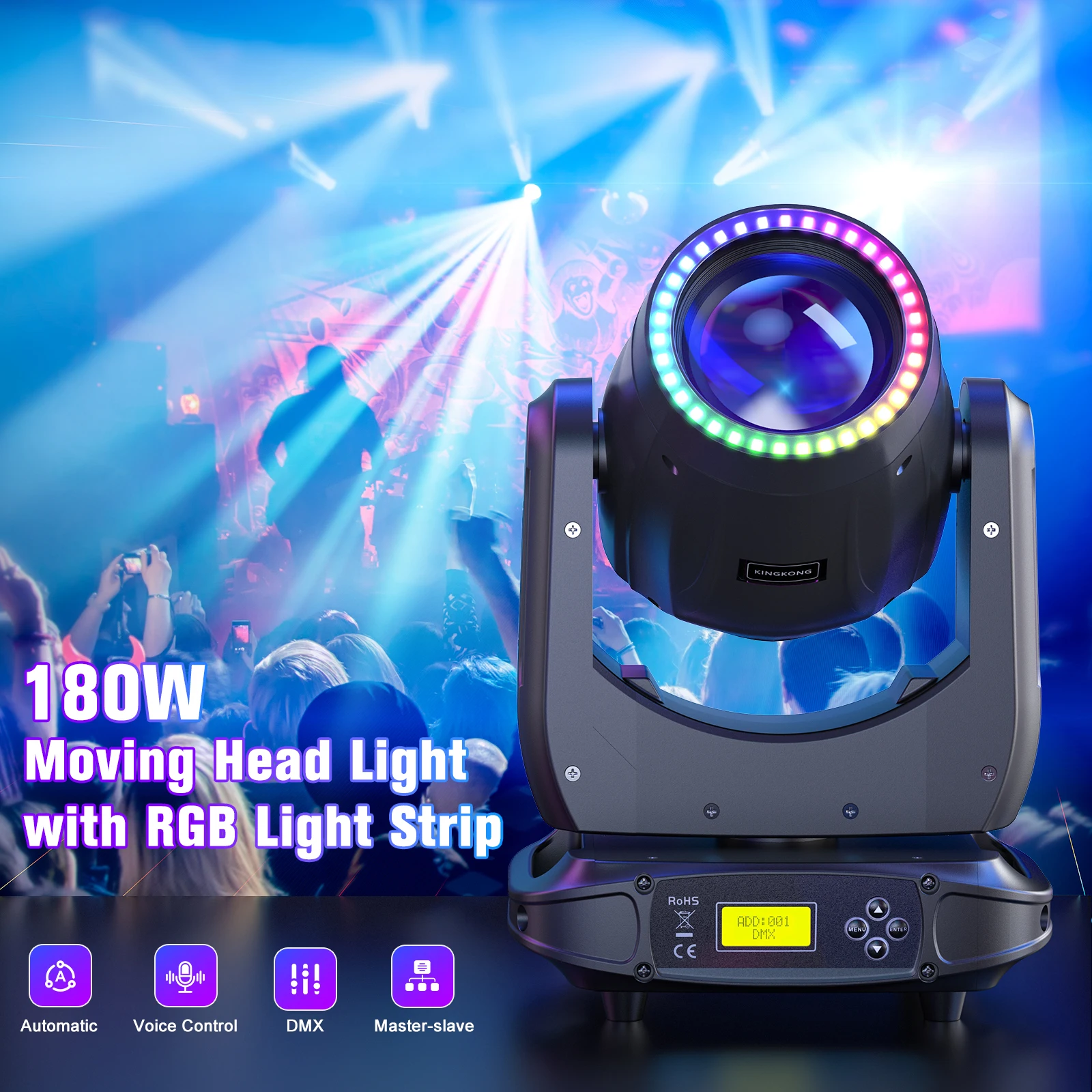 U`King 180W Moving Head Light RGB 3IN1 LED Rainbow Lighting Effect 8 Prisms Stage Lights DMX512 Sound Activated For DJ Disco KTV