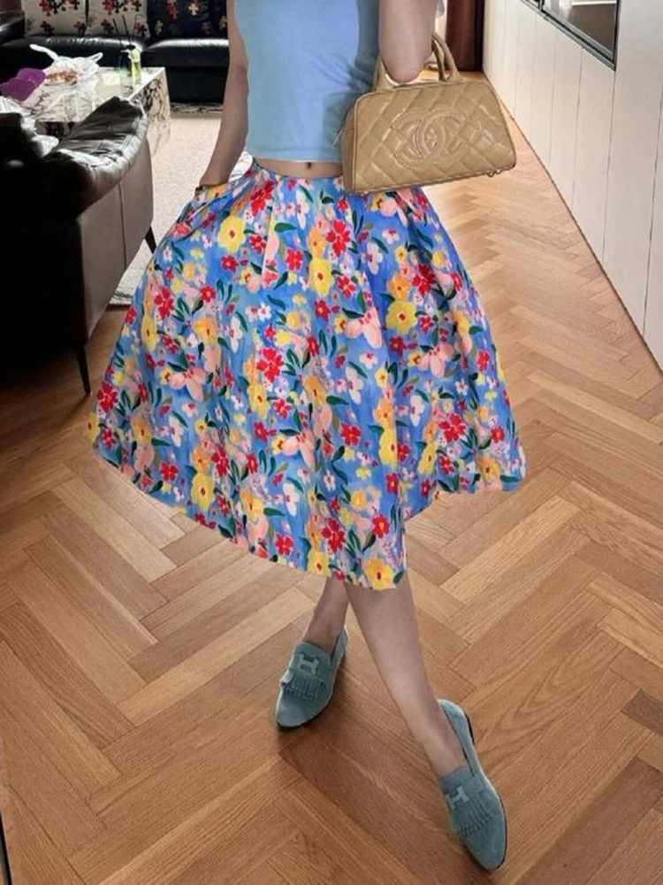 

Zoki Retro Floral Midi Skirt Women Elegant High Waist Vintage Ball Gown Skirts Summer Sweet Korean Female Prairie Chic Skirt