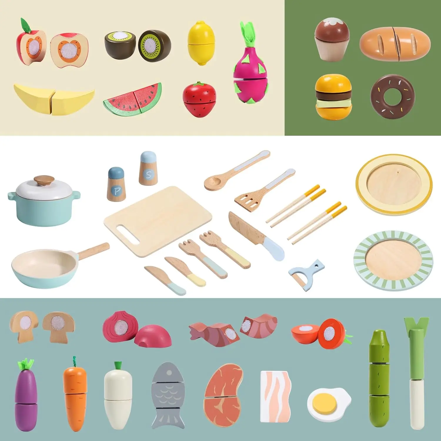 Wooden Play Food Set, Play Kitchen Accessories, 78PCS Pretend PlayCooking Toy, Vegetables Fruits Cutting Toys, Play Dishes