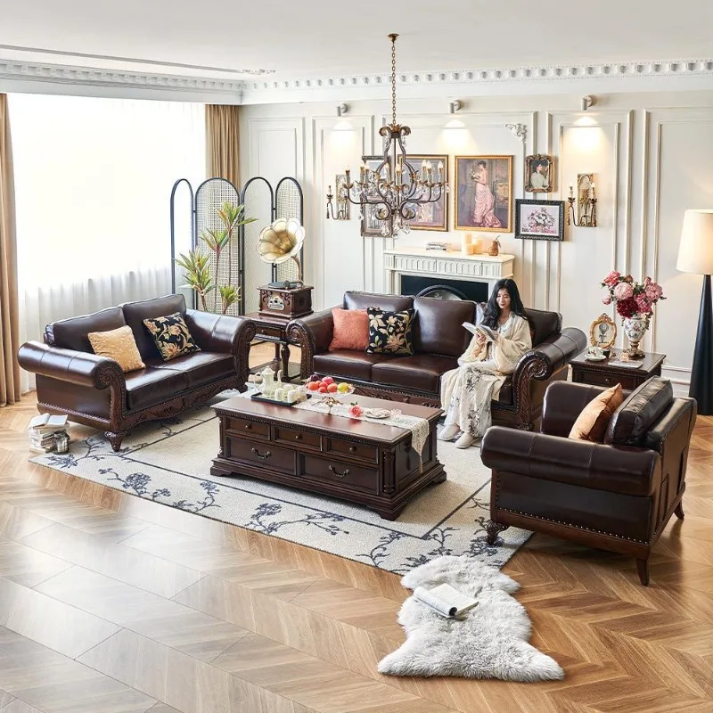 

American leather sofa all solid wood walnut wood first layer cowhide villa living room three-person combination