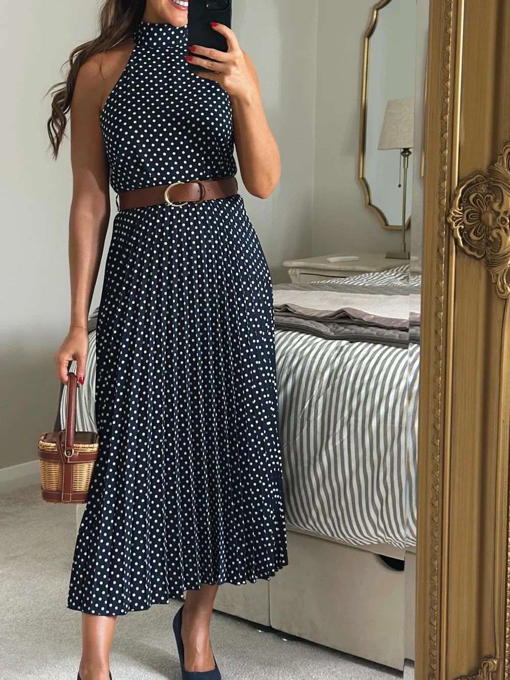 Vestido largo sin mangas de lunares a la moda de verano para mujer con cinturón con cremallera diseño sin espalda vestido de temperamento Sexy