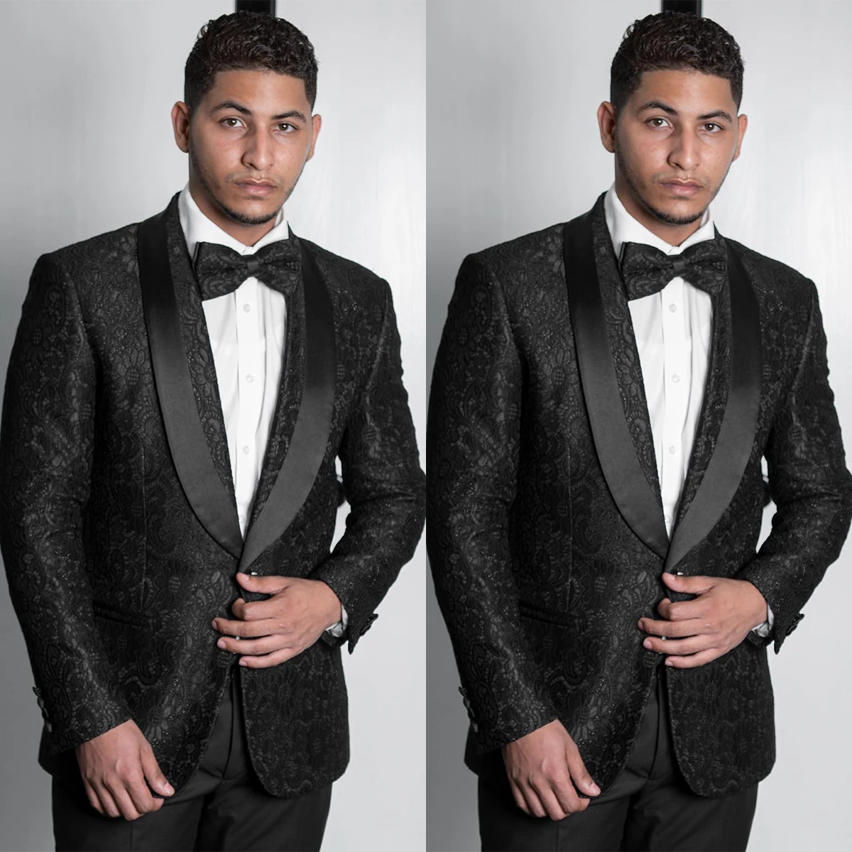 Luxury BlackMen's Suits Tailored 2 Pieces Jacquard Blazer Pants Satin Sheer Lapel One Button Wedding Groom Custom Made Plus Size