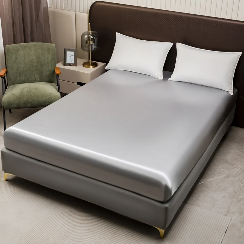 Gray Satin Silk Fitted Bed Sheet Smooth Soft Bed Covers for Summer Twin/Full/Queen/King Ice Coolling Mattress Cover Bed Sheets