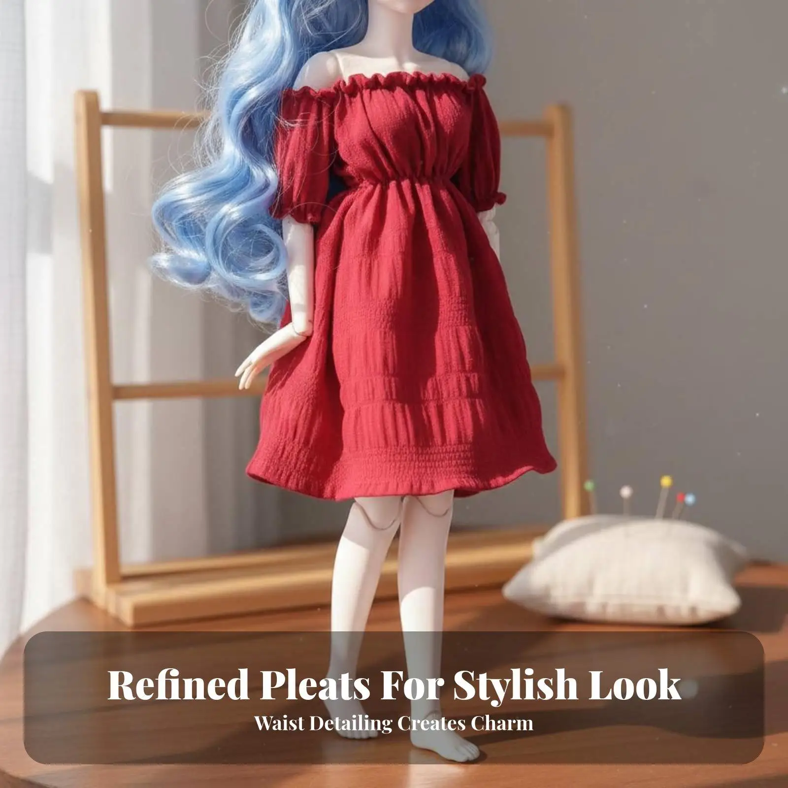 ドール服、パフスリーブとギャザーのあるボディス付きbjdドレス