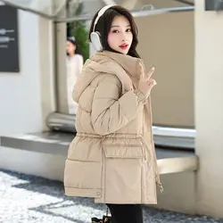 2025 New Winter Coat Women Parkas Casual Clothing Jacket Hooded Parka Adjustable Waist Thick Black Snow Outwear Female Cardigan