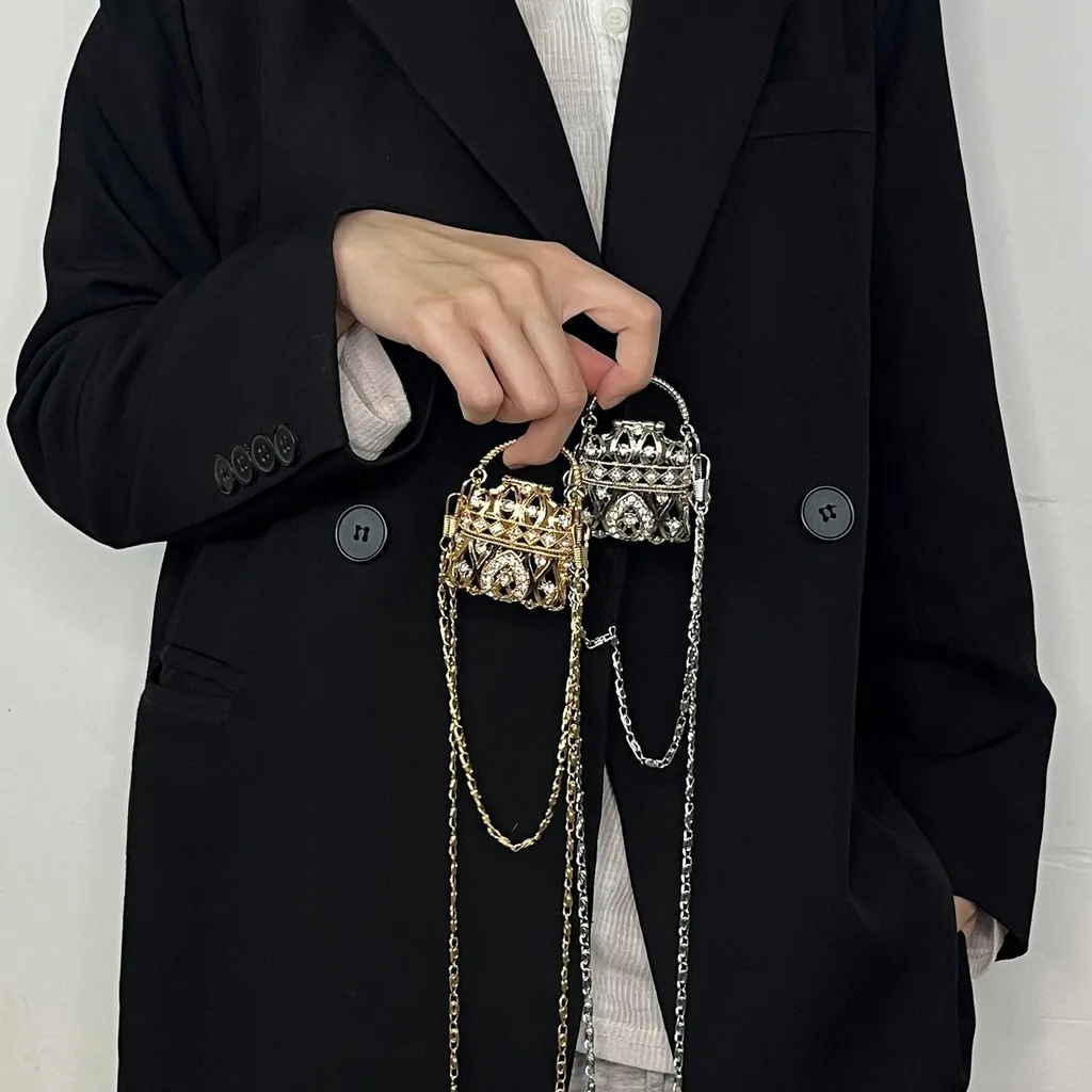 Metal Handbag Openwork Rhinestone Bag Chain Strap Bag Vertical Square Mini Evening Bag For Dresses Everyday Outfits Eveningwear