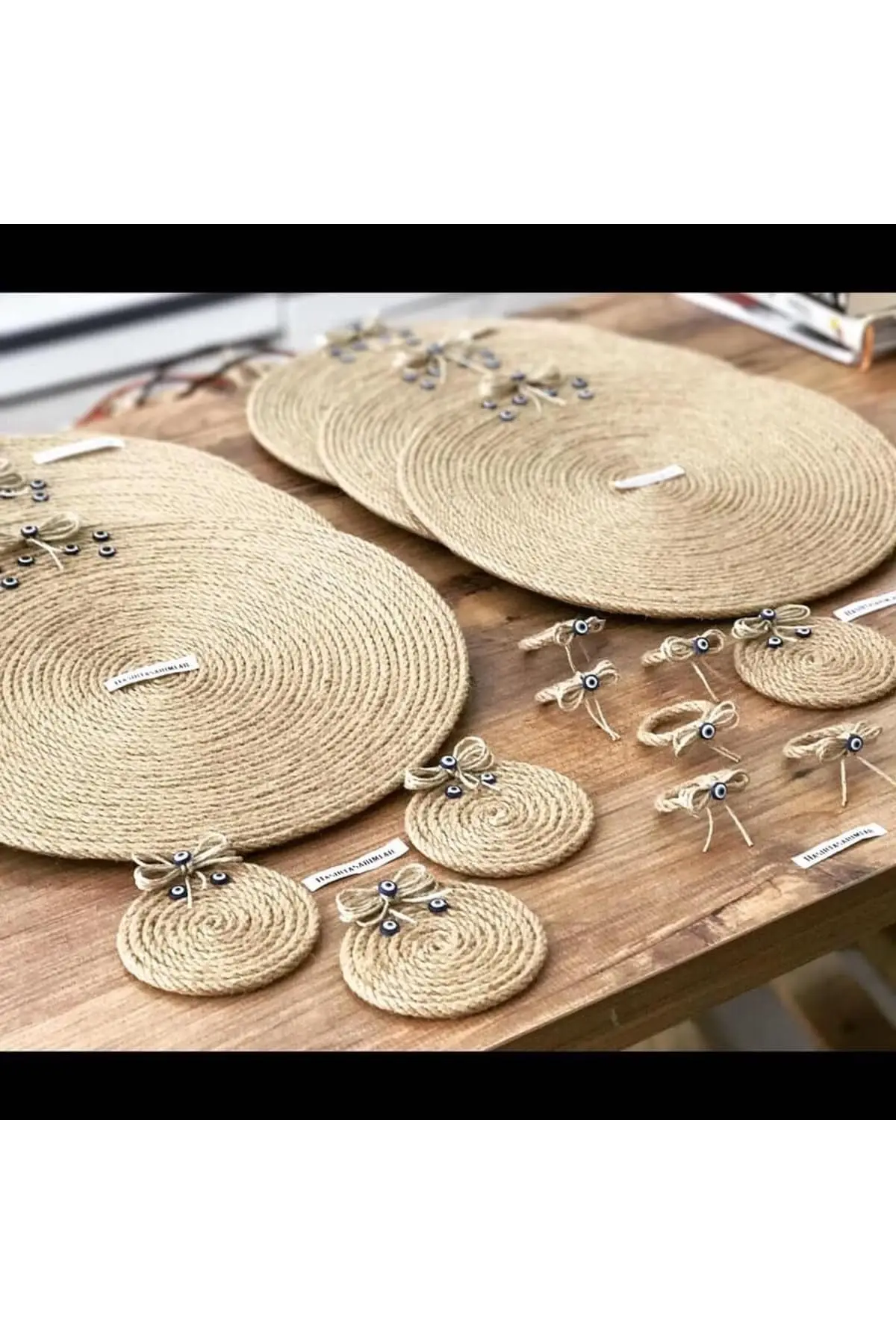 18 Piece Jute Placemat Set with Coasters and Napkin Rings Round 13x17 inch Table Mats Beige Easy Easy to Wipe Durable