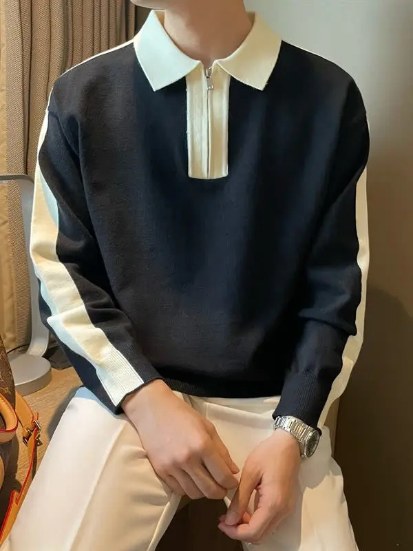 

Осень-зима, мужской вязаный свитер с воротником-молнией и воротником-молнией, цветная блузка, теплая повседневная одежда из полиэфирного волокна