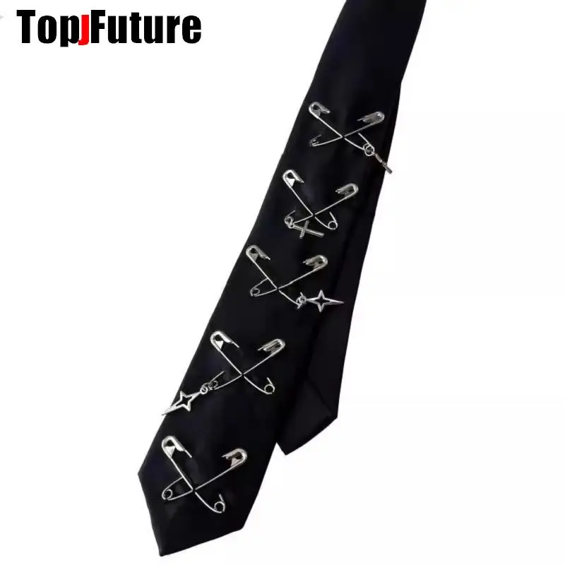 Women Men Y2K Girl Boy Gothic Harajuku Punk Pins Cross Pre-Tied Ties rivet metal Lengthened Student Uniform Necktie Accessories