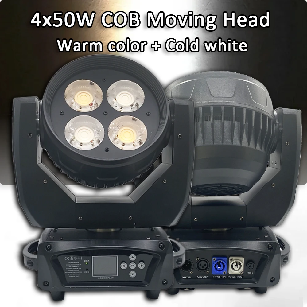 YUER-Stage Beam Lights com cabeça móvel, efeito estroboscópico, cor quente, branco frio, DMX512, DJ Club, Disco Party, lavagem, 4x50W, COB