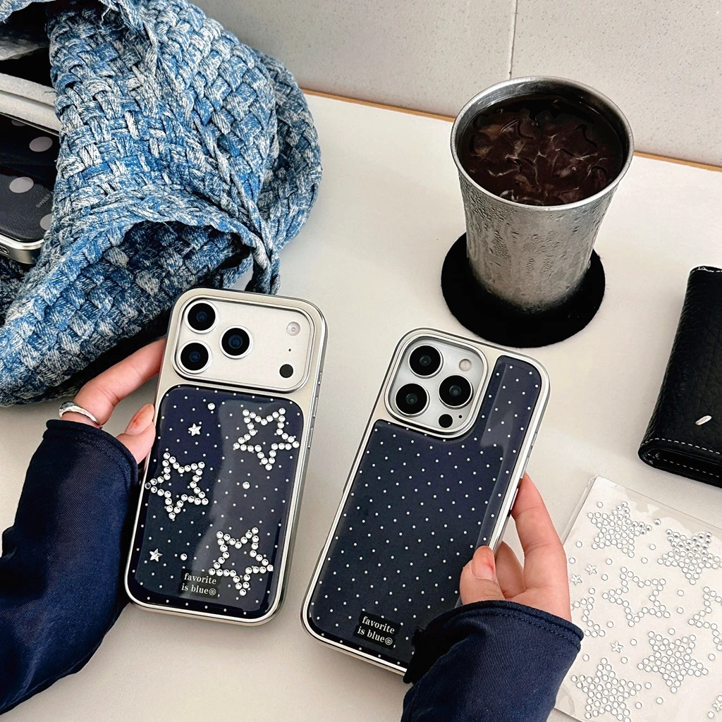 

Креативный модный чехол для телефона INS Stars Rhinestone Blue Wave Point Drip Glue Silver для iPhone17 Air 16 15 14 13 12 11Pro Max Cover