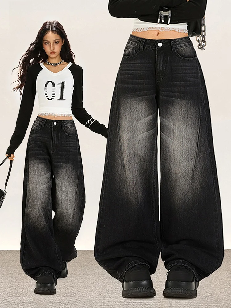 

Широкие брюки с талией, женские прямые джинсовые брюки с высокой талией, осень-зима, свободные длинные брюки, винтажная повседневная одежда