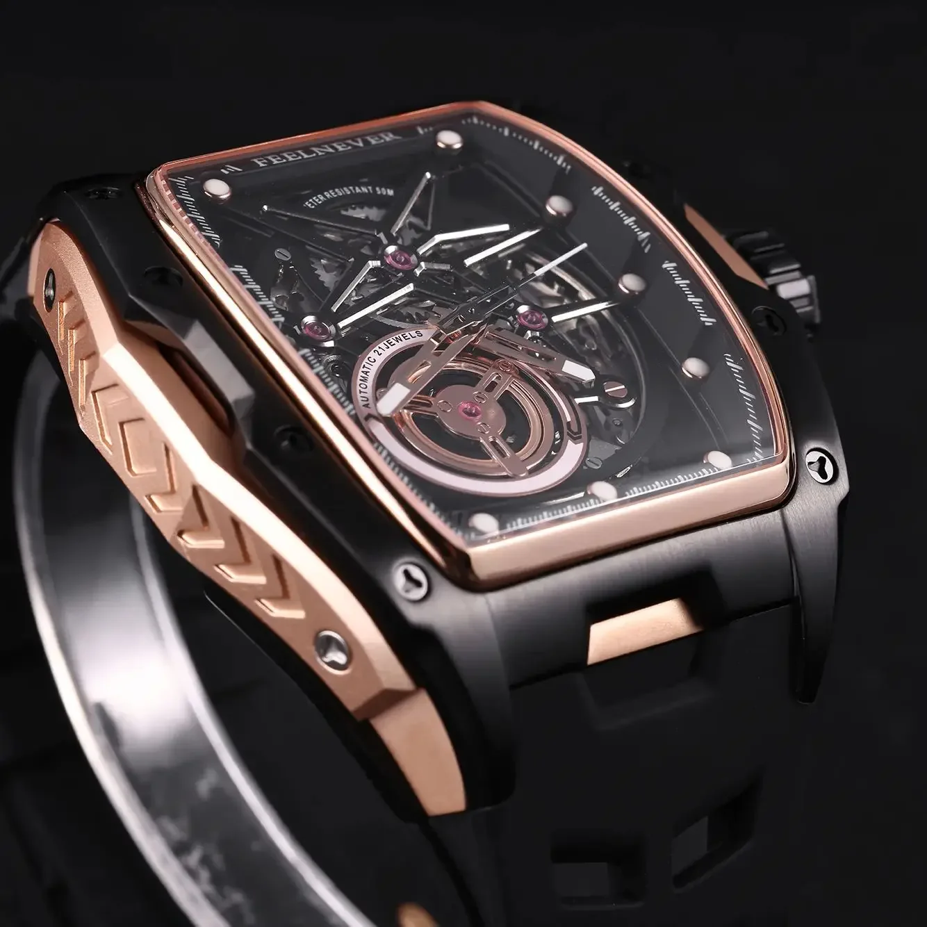 FEELNEVER Luxury Skeleton Mechanical Watch for Men Sapphire Crystal Rubber Strap Mens Watches Waterproof Rectangle Wristwatch