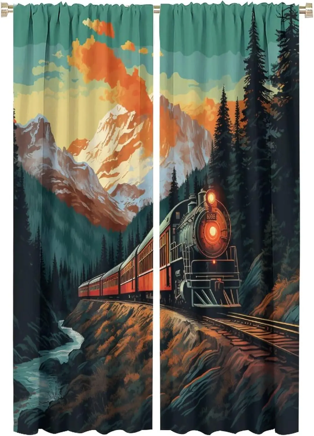 Vintage Medieval Steam Train Curtain - Realistic Steampunk Themed Forest Antique Steam Train Window Treatment