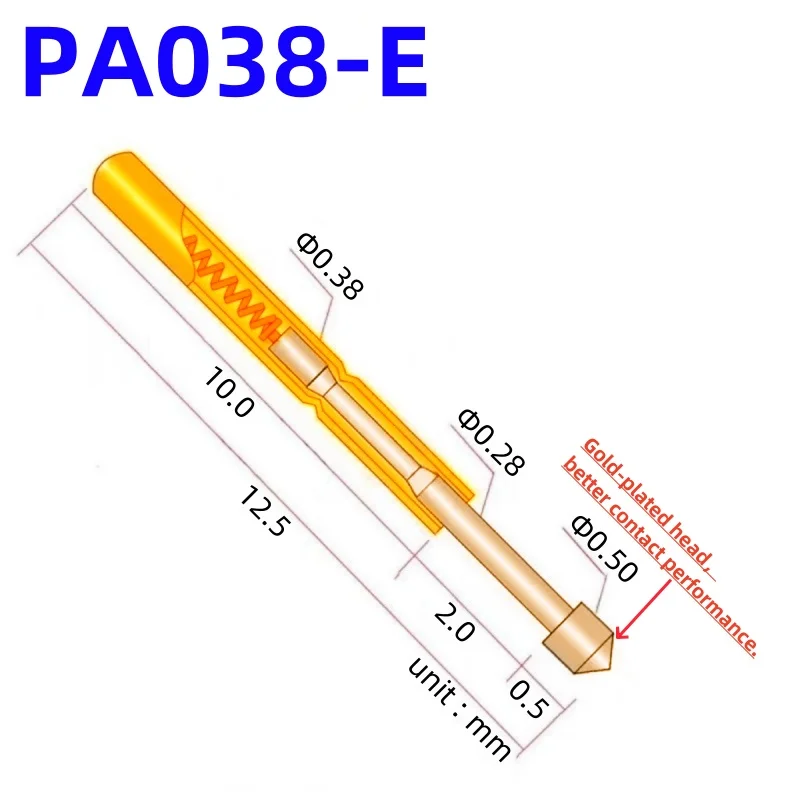 

100PCS PA038-E2 Spring Test Probe PA038-E Test Pin Test Tool 12.5mm Dia 0.38mm Gold Needle Tip Dia 0.5mm Pogo Pin P038-E P038-E2