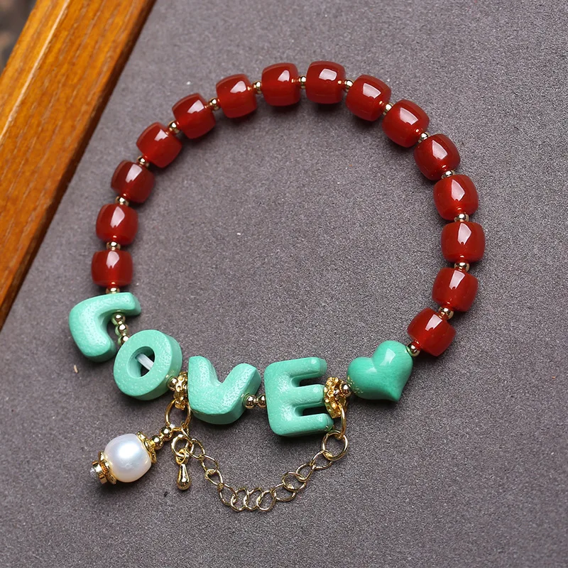 

Natural Red Agate Bracelet for Women: Simple and Stylish with Barrel Beads,Pearl Pendant,Aquamarine, Turquoise and “LOVE” Charms