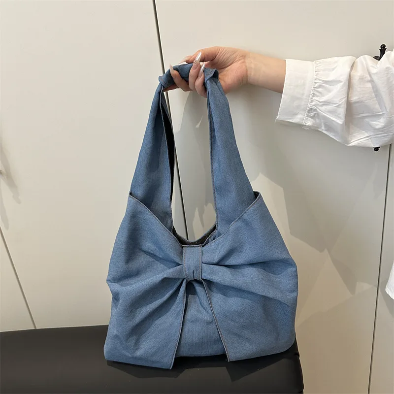

Sweet Bowknot Design Women's Denim Shoulder Bags Commuter Thread Ladies Handbags Casual Lightweight Female Underarm Tote Bag
