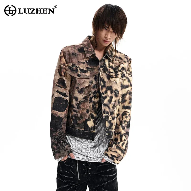LUZHEN 2026 New Fashion Leopard Print Original Tie-dyed Design Casual Denim Coat Men's Handsome High Quality Male Jacket JY9219