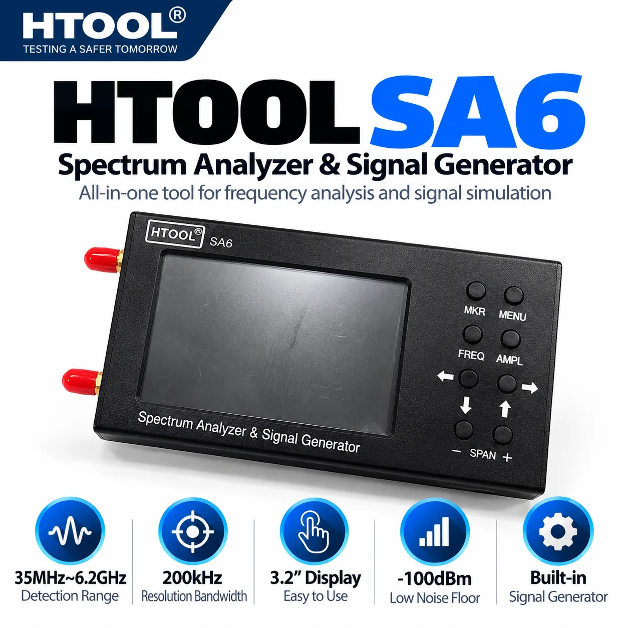 HTOOL SA6 6GHz Spectrum Analyzer Signal Generator 35MHz-6.2GHz RF Tester 200kHz RBW Touchscreen