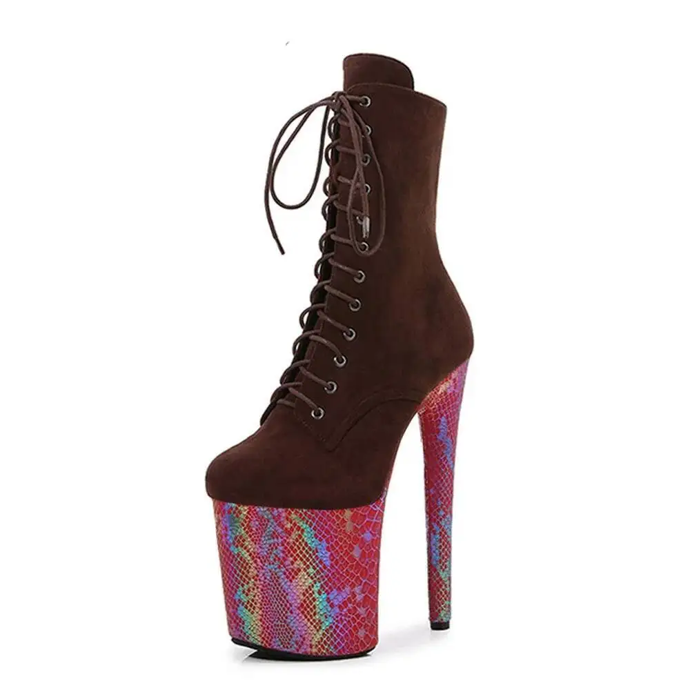 20CM 섹시 패치워크 울트라 하이힐 레이스업 숏부츠 캣워크 무대 공연 부츠 나이트클럽 댄스 슈즈