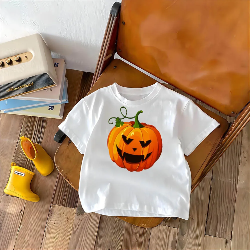 T-shirt estiva in puro cotone per bambini di Halloween Cartoon stampato zucca ragazzi e ragazze bambini sciolti e comodi per il tempo libero