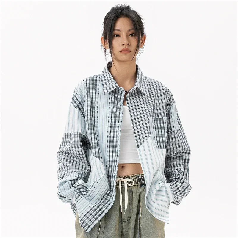 Women\'s Plaid Shirt High Quality Plus Size Blouse Women Korean Style Women\'s Clothing Trend 2024 Patchwork Fashion Ladies Tops