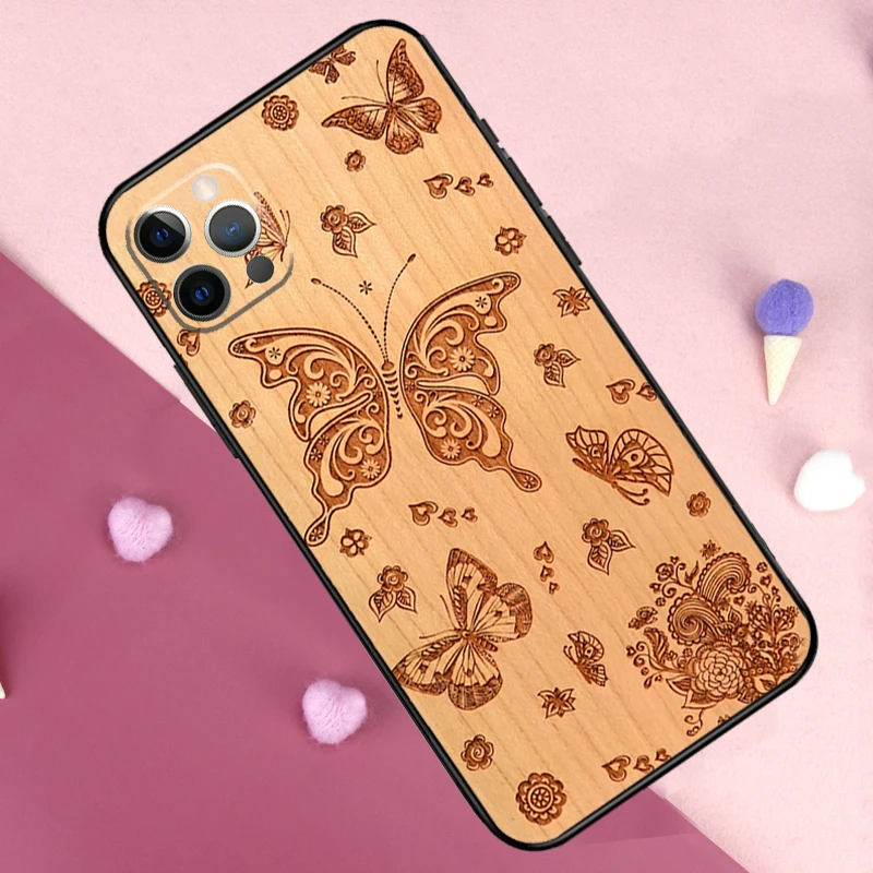 Wolf Bike Butterfly Wood Cover For iPhone 15 16 14 13 12 11 Pro Max Mini 7 8 Plus X XR XS Max Phone Case image 5