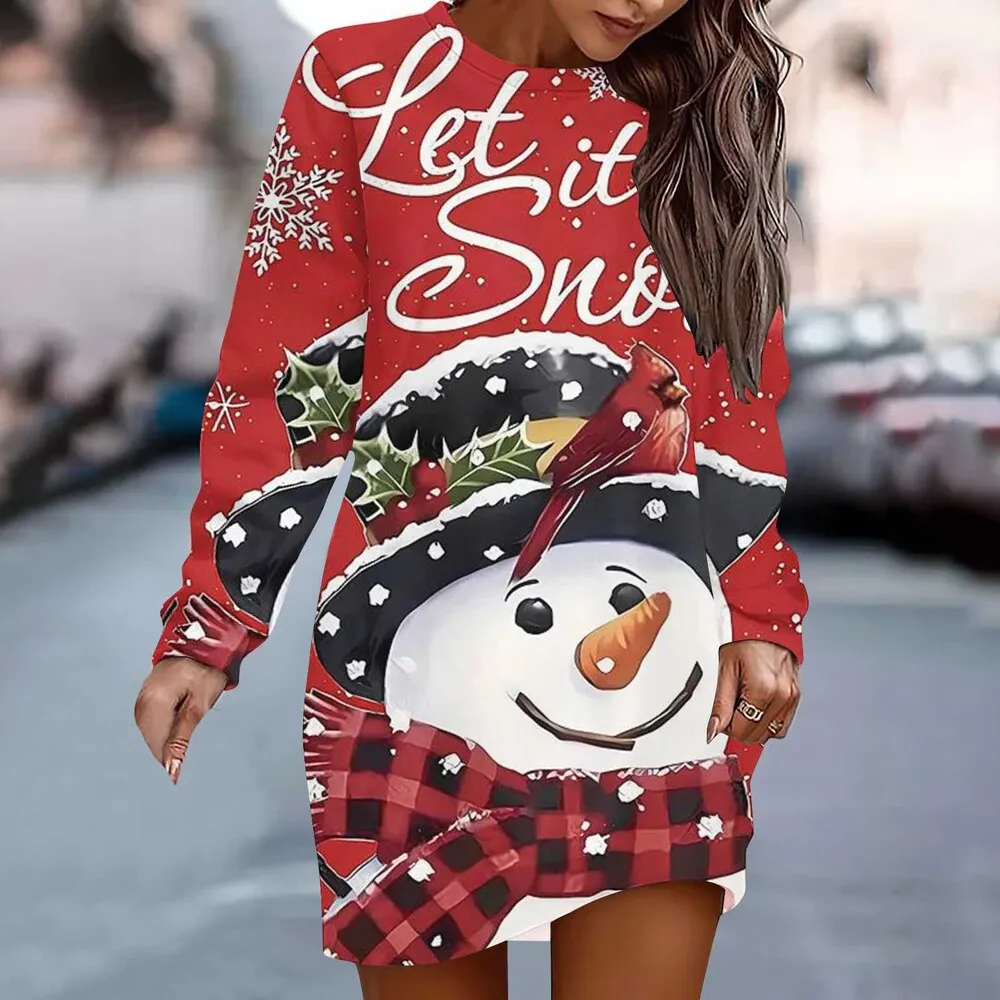 ชุดเดรสแขนยาวพิมพ์ลายคริสต์มาสลำลองสำหรับผู้หญิง ชุดเดรสแขนยาวพิมพ์ลายคริสต์มาส ชุดเดรสคริสต์มาส