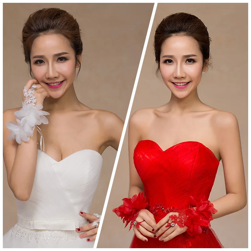 White Red Bridal Wedding Gloves Fingerless Mittens Lace Flowers Bride Accessories