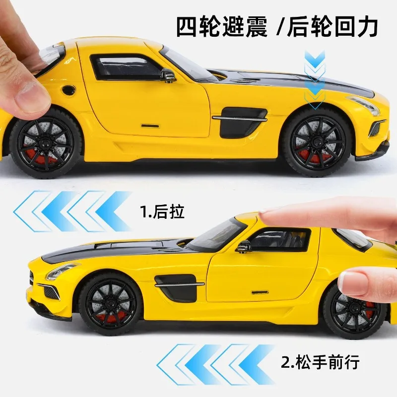 1:24 scale mercedes benz sls amg alloy diecast model car four doors open transparent hood pull back light sound kids gift view 6